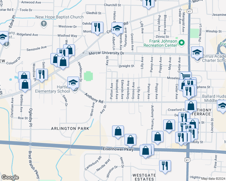 map of restaurants, bars, coffee shops, grocery stores, and more near 825 Woodard Avenue in Macon