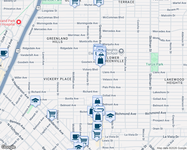 map of restaurants, bars, coffee shops, grocery stores, and more near 5629 Miller Avenue in Dallas
