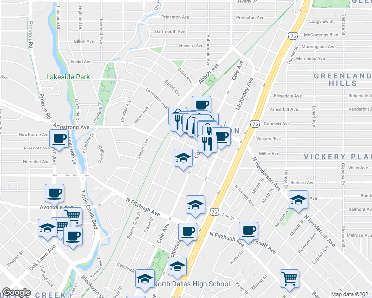 map of restaurants, bars, coffee shops, grocery stores, and more near 4444 Cole Avenue in Dallas