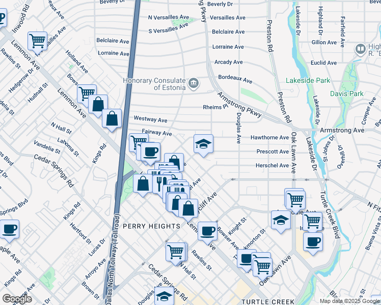 map of restaurants, bars, coffee shops, grocery stores, and more near 4511 Gilbert Avenue in Dallas