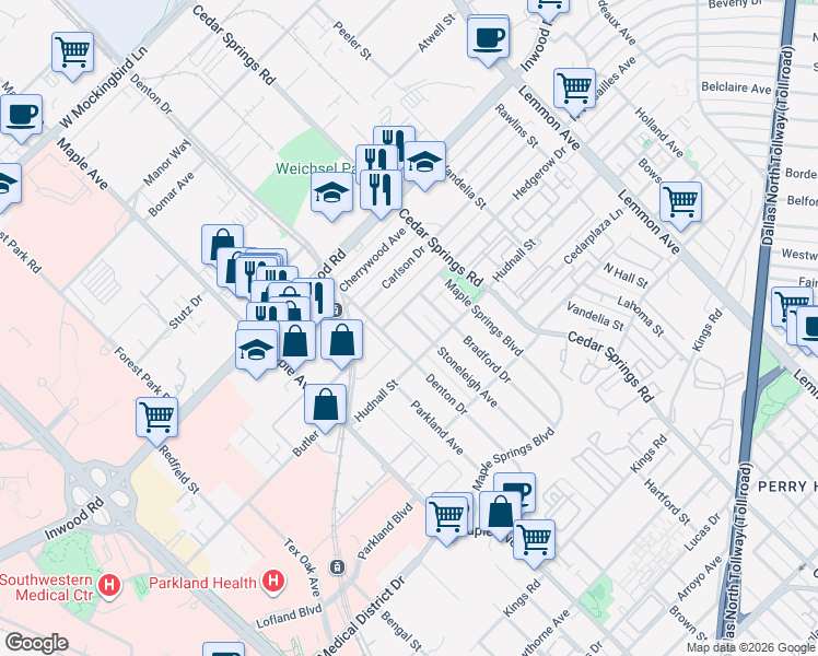 map of restaurants, bars, coffee shops, grocery stores, and more near 2806 Hedgerow Drive in Dallas