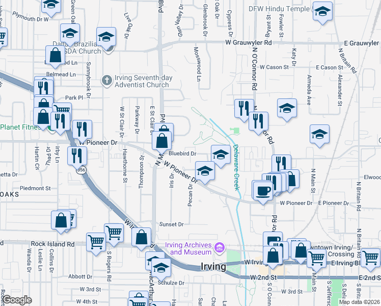 map of restaurants, bars, coffee shops, grocery stores, and more near 926 Bluebird Drive in Irving