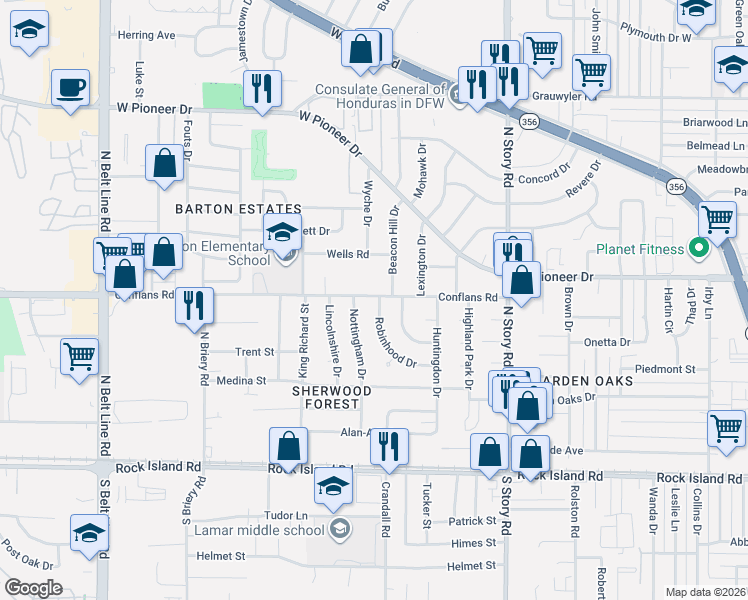 map of restaurants, bars, coffee shops, grocery stores, and more near 513 Robinhood Drive in Irving