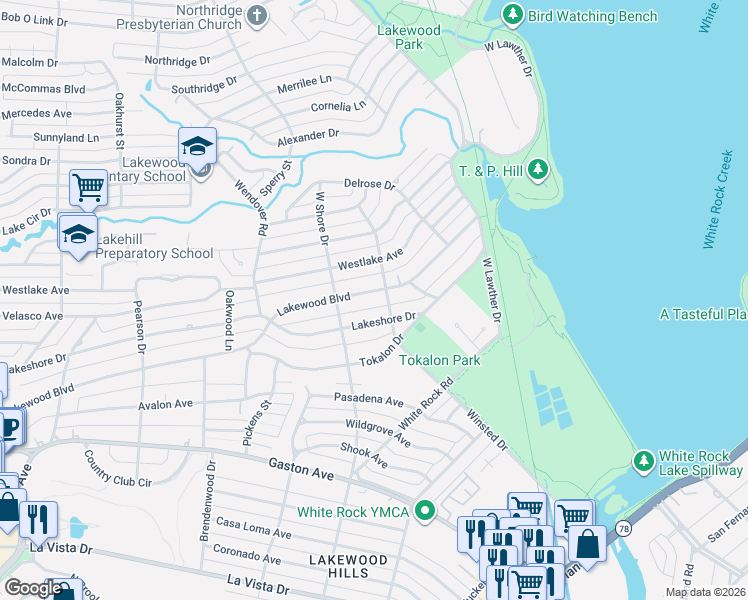 map of restaurants, bars, coffee shops, grocery stores, and more near 7030 Lakewood Boulevard in Dallas