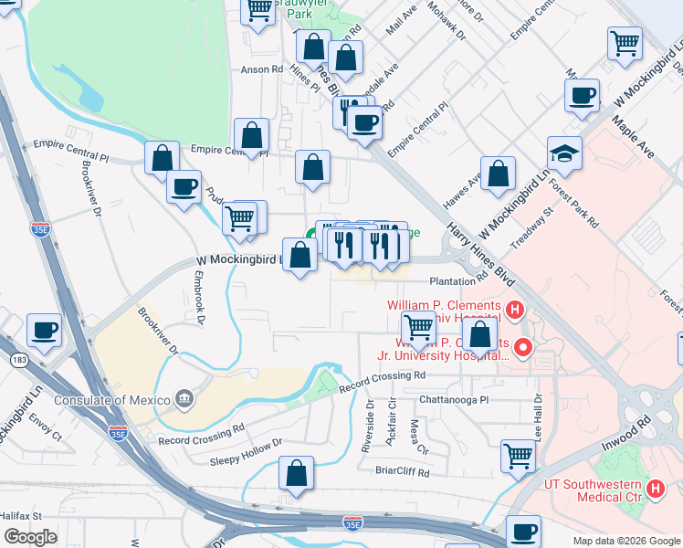 map of restaurants, bars, coffee shops, grocery stores, and more near 1401 Plantation Road in Dallas