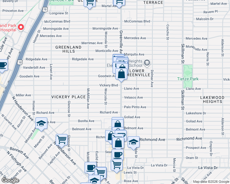 map of restaurants, bars, coffee shops, grocery stores, and more near 5629 Miller Avenue in Dallas