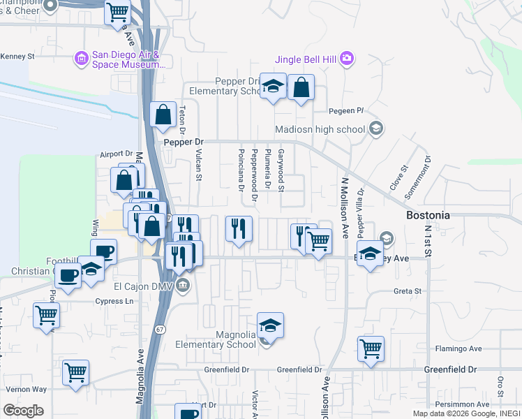 map of restaurants, bars, coffee shops, grocery stores, and more near 1615 Pepperwood Drive in El Cajon