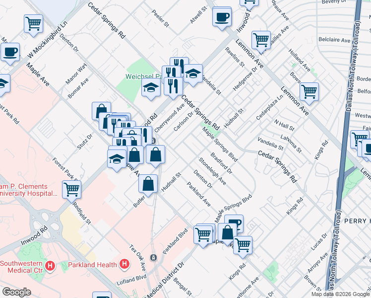 map of restaurants, bars, coffee shops, grocery stores, and more near 2806 Hedgerow Drive in Dallas