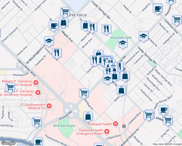 map of restaurants, bars, coffee shops, grocery stores, and more near 2402 Stutz Drive in Dallas