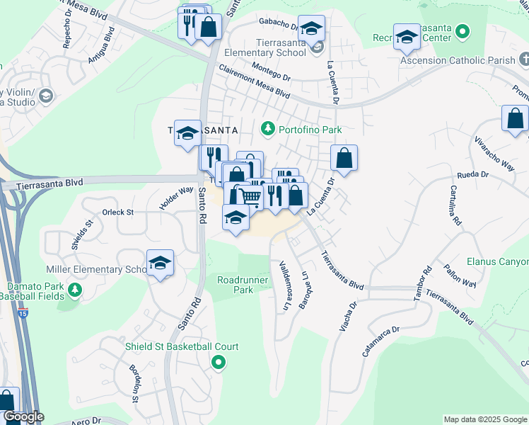 map of restaurants, bars, coffee shops, grocery stores, and more near 10645 Tierrasanta Boulevard in San Diego