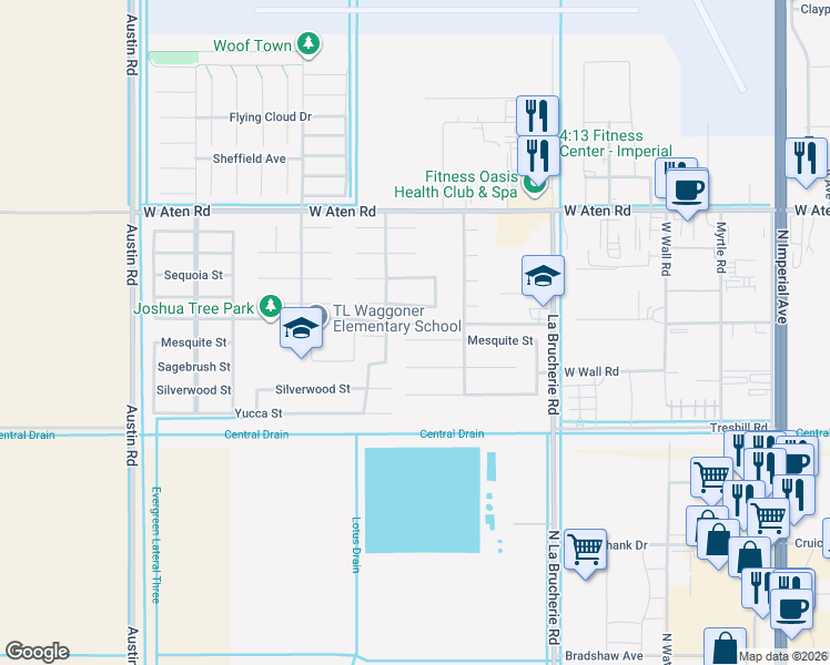map of restaurants, bars, coffee shops, grocery stores, and more near 575 Mesquite Street in Imperial