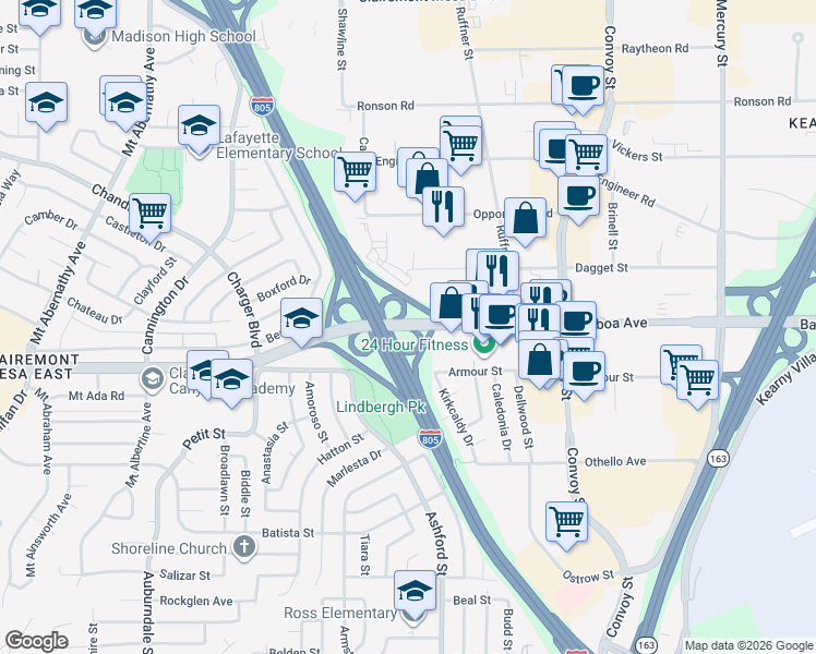 map of restaurants, bars, coffee shops, grocery stores, and more near 7351 Balboa Avenue in San Diego