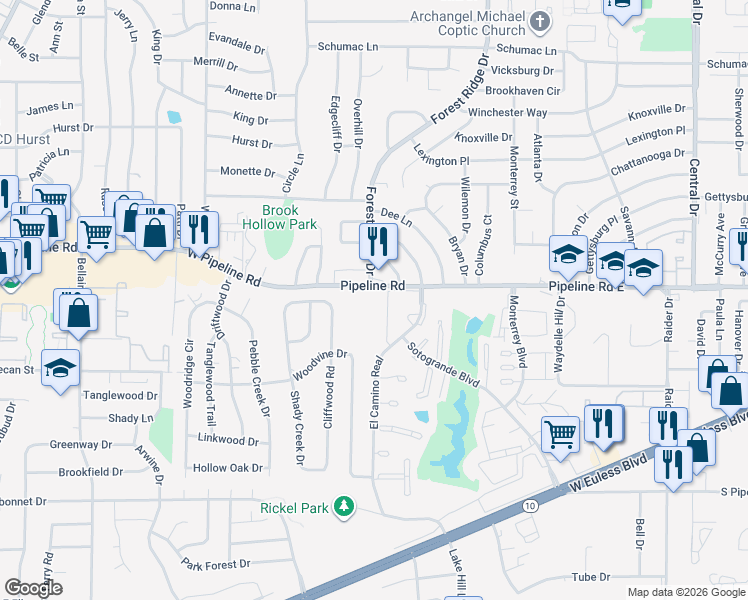 map of restaurants, bars, coffee shops, grocery stores, and more near 3919 West Pipeline Road in Euless