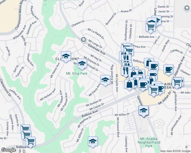 map of restaurants, bars, coffee shops, grocery stores, and more near 4944 Mount Elbrus Drive in San Diego