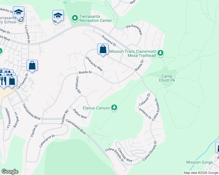 map of restaurants, bars, coffee shops, grocery stores, and more near 11172 Via Temprano in San Diego