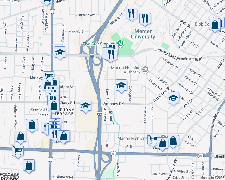 map of restaurants, bars, coffee shops, grocery stores, and more near 2103 Canton Street in Macon