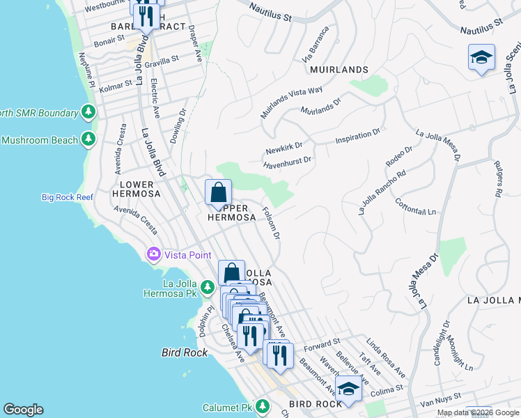 map of restaurants, bars, coffee shops, grocery stores, and more near 6018 Folsom Drive in San Diego