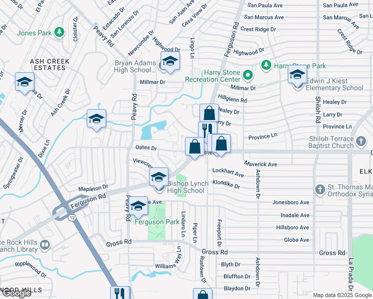 map of restaurants, bars, coffee shops, grocery stores, and more near 2127 Oates Drive in Dallas