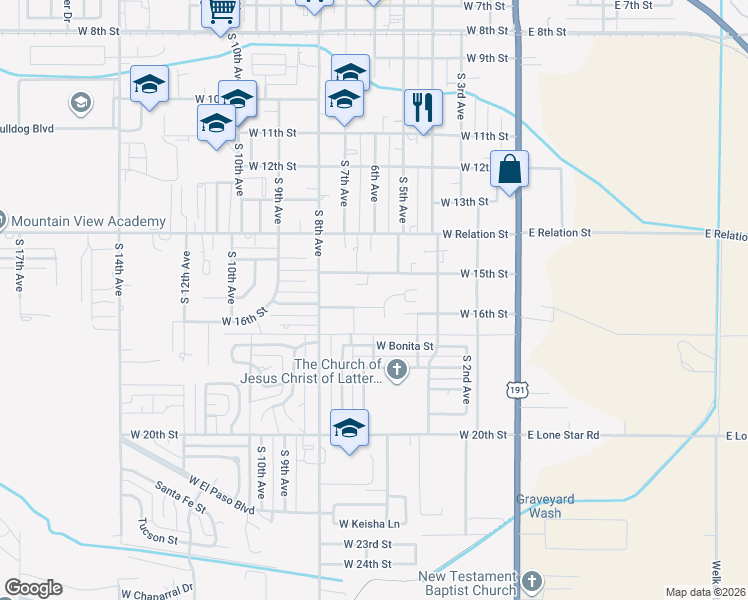 map of restaurants, bars, coffee shops, grocery stores, and more near 608 W 16th St in Safford