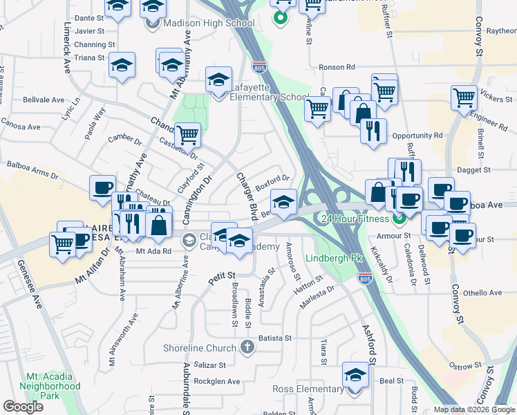 map of restaurants, bars, coffee shops, grocery stores, and more near 4358 Berwick Drive in San Diego