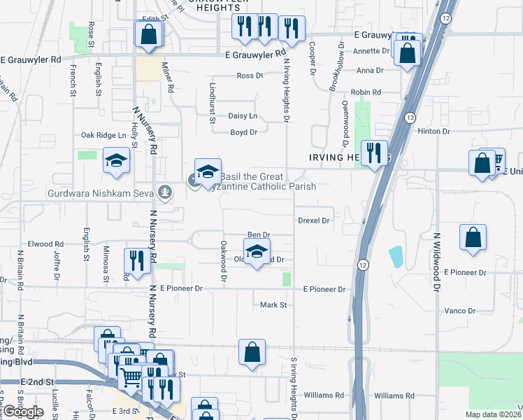 map of restaurants, bars, coffee shops, grocery stores, and more near 1501 Drexel Drive in Irving