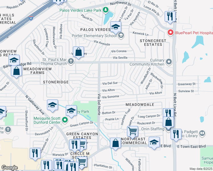 map of restaurants, bars, coffee shops, grocery stores, and more near 720 Via Del Sur in Mesquite