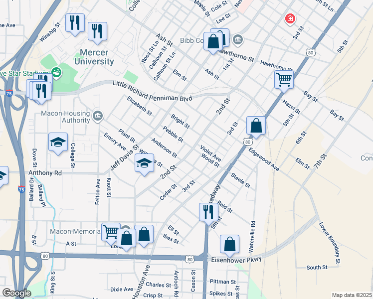map of restaurants, bars, coffee shops, grocery stores, and more near 1725 2nd Street in Macon