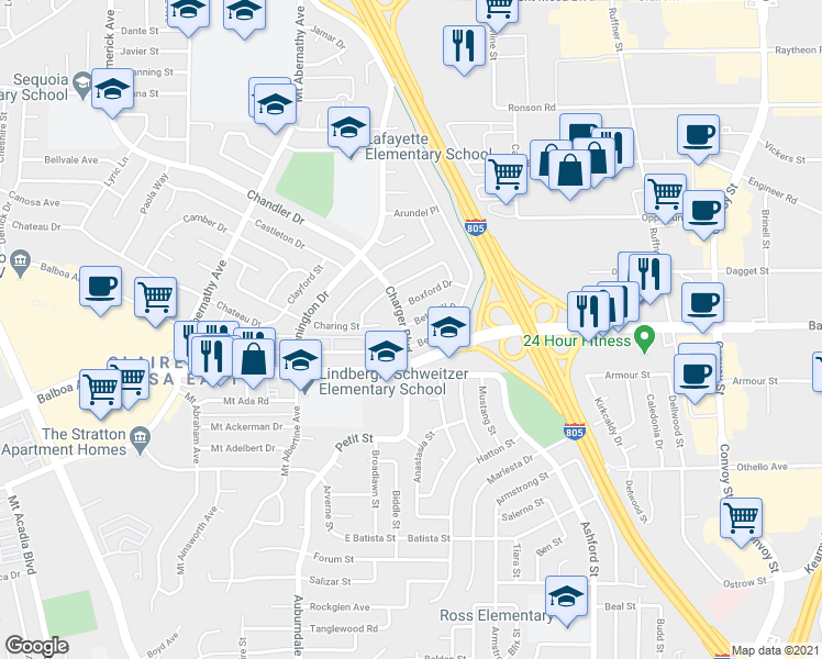 map of restaurants, bars, coffee shops, grocery stores, and more near 6907 Bettyhill Drive in San Diego