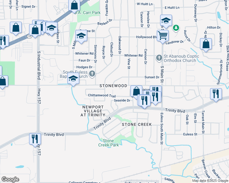 map of restaurants, bars, coffee shops, grocery stores, and more near 4008 Juniper Court in Euless