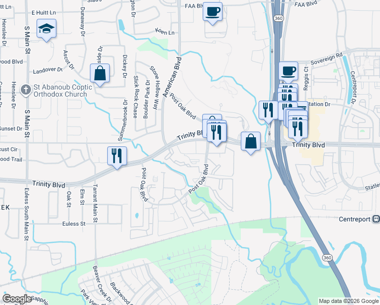 map of restaurants, bars, coffee shops, grocery stores, and more near 13853 Stonehawk Way in Euless
