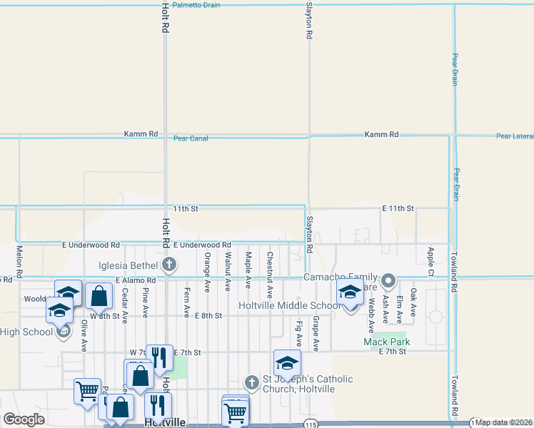 map of restaurants, bars, coffee shops, grocery stores, and more near 1871 East Thiesen Road in Holtville