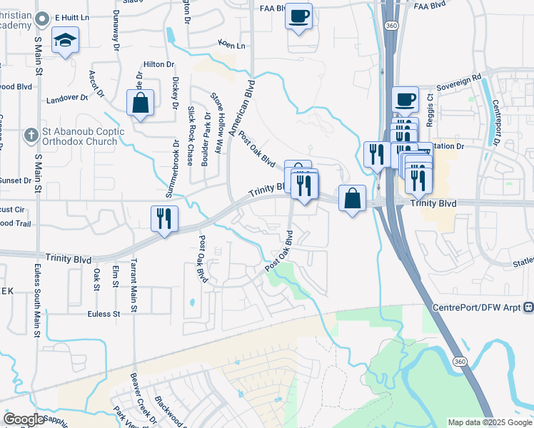 map of restaurants, bars, coffee shops, grocery stores, and more near 3875 Post Oak Terrace in Fort Worth