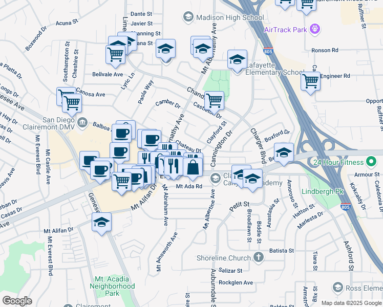 map of restaurants, bars, coffee shops, grocery stores, and more near 6262 Beadnell Way in San Diego