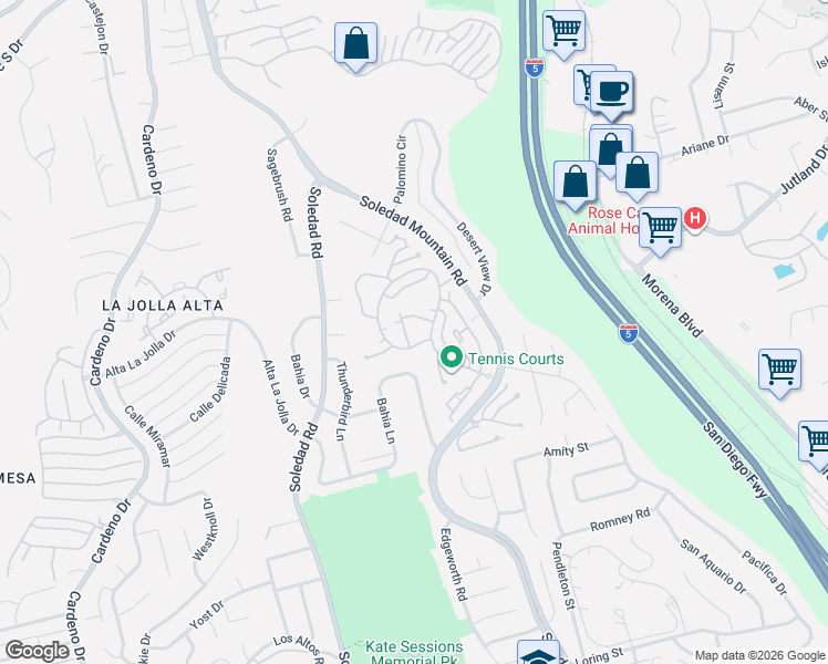 map of restaurants, bars, coffee shops, grocery stores, and more near 5621 Caminito Isla in San Diego