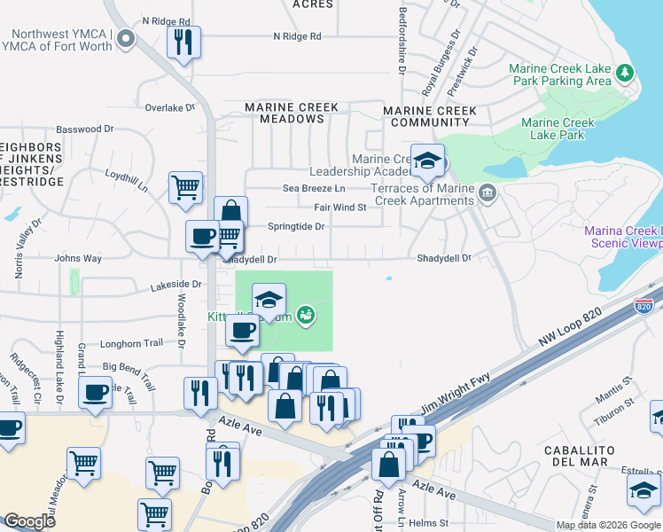 map of restaurants, bars, coffee shops, grocery stores, and more near 5801 Shadydell Drive in Fort Worth