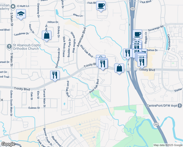 map of restaurants, bars, coffee shops, grocery stores, and more near 13853 Stonehawk Way in Euless