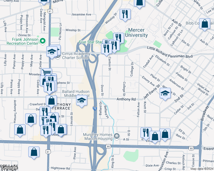 map of restaurants, bars, coffee shops, grocery stores, and more near 2103 Canton Street in Macon