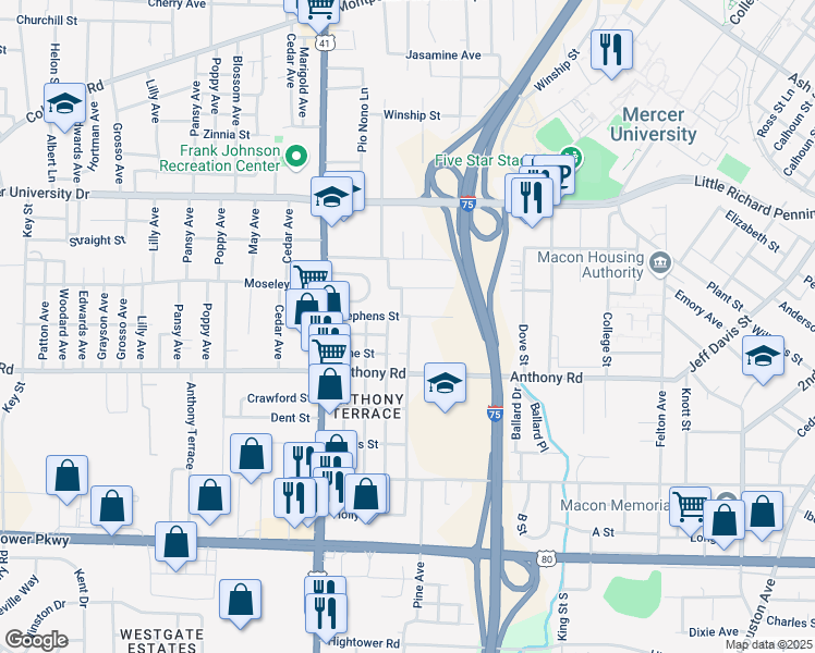 map of restaurants, bars, coffee shops, grocery stores, and more near 2095 Lincoln Street in Macon