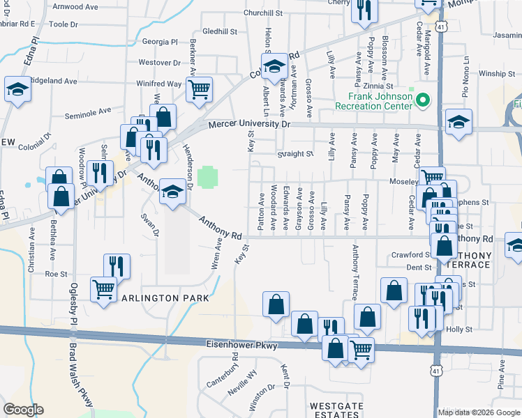 map of restaurants, bars, coffee shops, grocery stores, and more near 825 Woodard Avenue in Macon