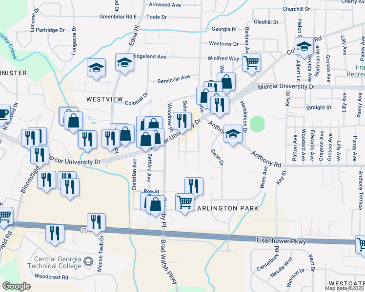 map of restaurants, bars, coffee shops, grocery stores, and more near 1740 Dixon Drive in Macon