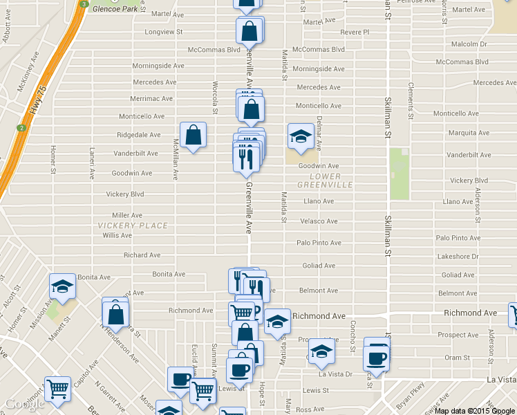 map of restaurants, bars, coffee shops, grocery stores, and more near 5715 Velasco Avenue in Dallas
