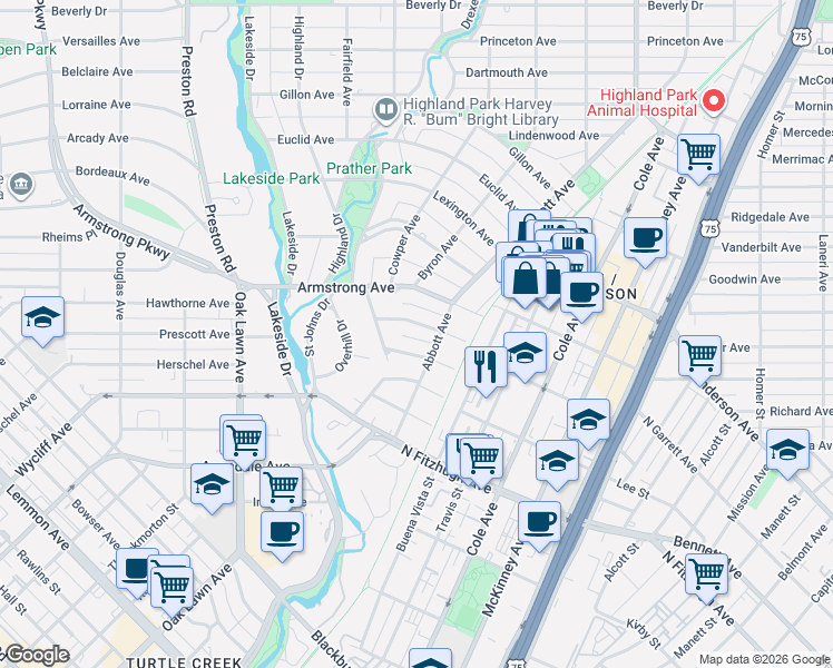 map of restaurants, bars, coffee shops, grocery stores, and more near 3604 Cragmont Avenue in Dallas