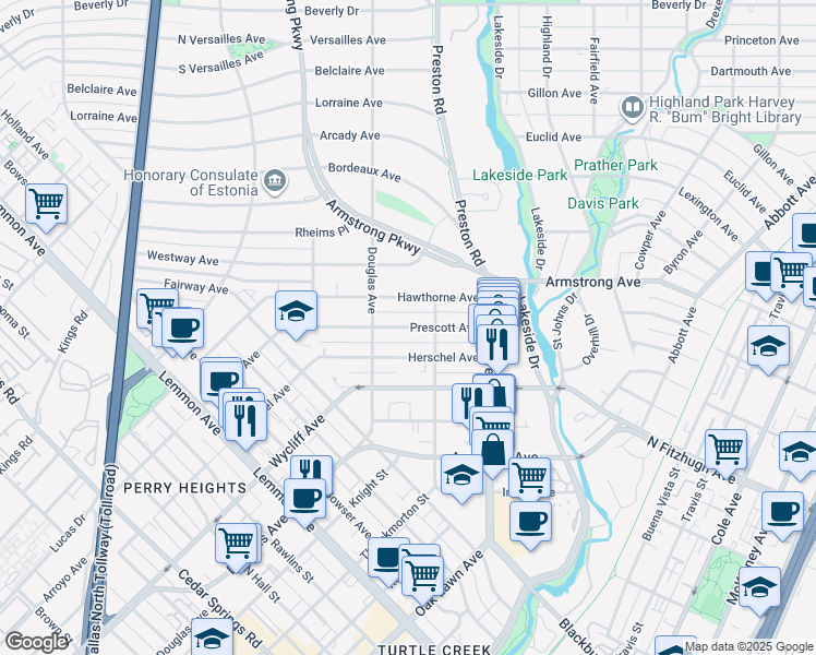 map of restaurants, bars, coffee shops, grocery stores, and more near 4134 Prescott Avenue in Dallas