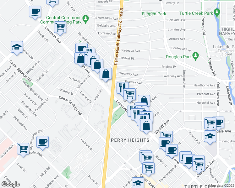 map of restaurants, bars, coffee shops, grocery stores, and more near 4712 Lemmon Avenue in Dallas