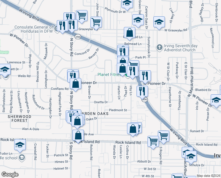 map of restaurants, bars, coffee shops, grocery stores, and more near 605 Kingston Drive in Irving