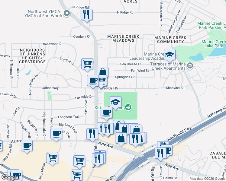 map of restaurants, bars, coffee shops, grocery stores, and more near 5917 Shadydell Drive in Fort Worth