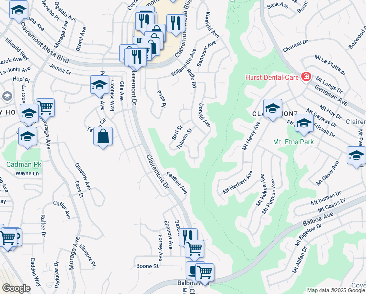 map of restaurants, bars, coffee shops, grocery stores, and more near 4165 Tolowa Street in San Diego