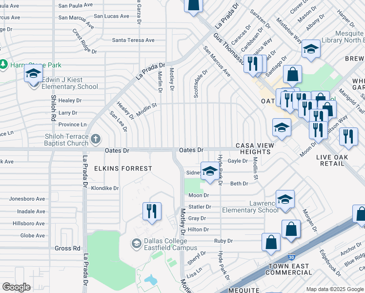 map of restaurants, bars, coffee shops, grocery stores, and more near 4203 Harvey Drive in Mesquite