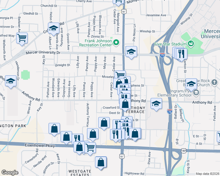 map of restaurants, bars, coffee shops, grocery stores, and more near 2136 Cedar Avenue in Macon