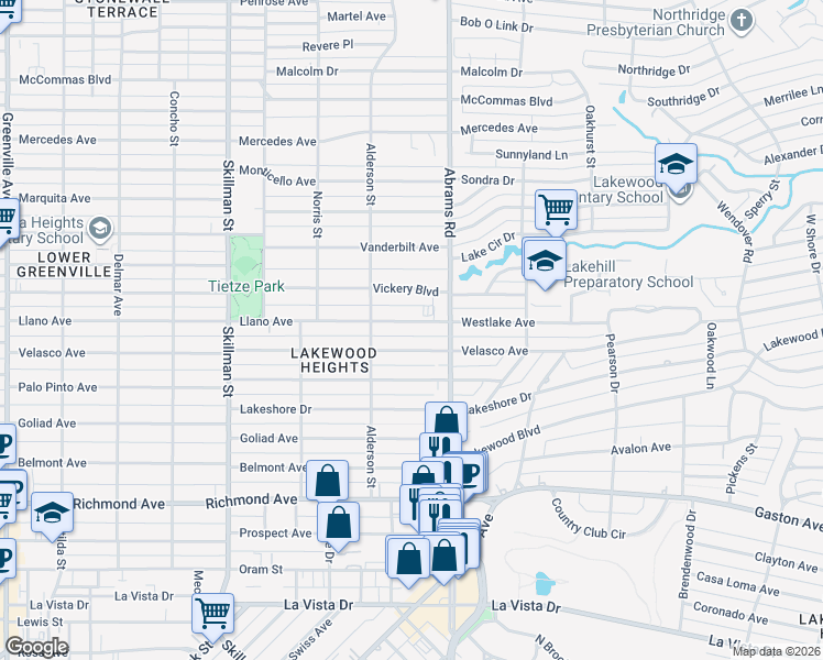 map of restaurants, bars, coffee shops, grocery stores, and more near 6338 Llano Avenue in Dallas